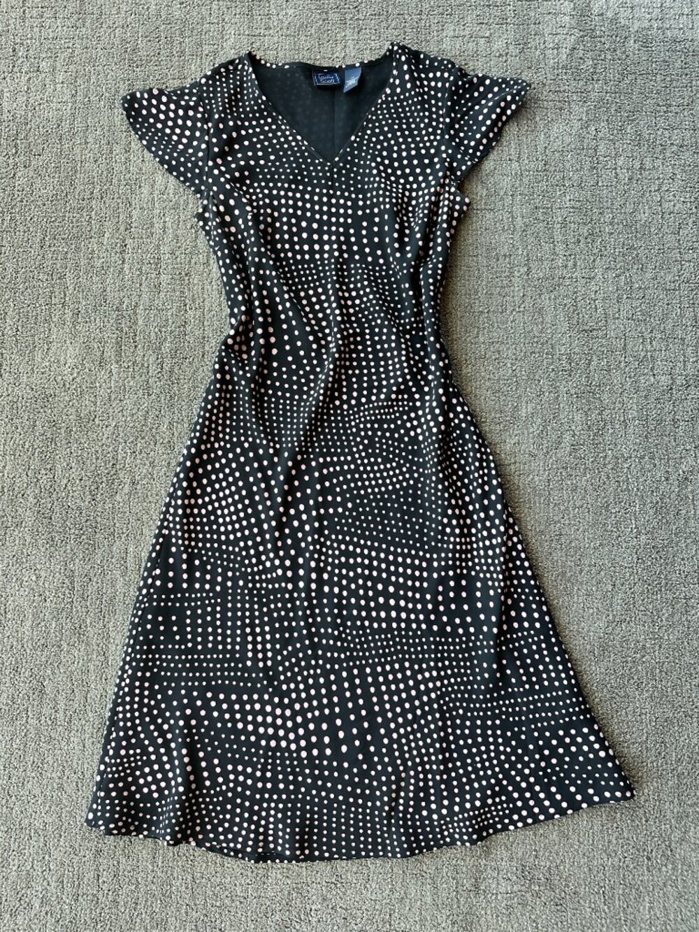 Laura Scott Y2K 90s Polka Dot Flutter Sleeve Midi Dress Black Pink - Size 10